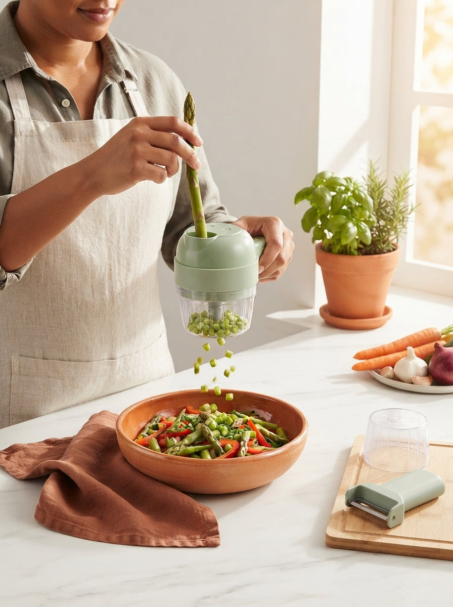 A person using a cordless Slyce 4-in-1 food processor to slice fresh vegetables on a modern kitchen counter with terracotta d