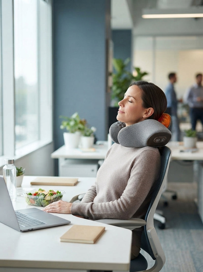 A professional woman wearing a heated neck support cushion while relaxing at her office desk during a break.
