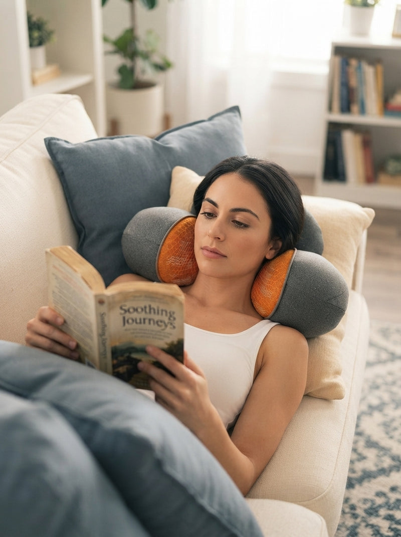 A person relaxing on a sofa while reading a book with a heated neck cushion around their neck.
