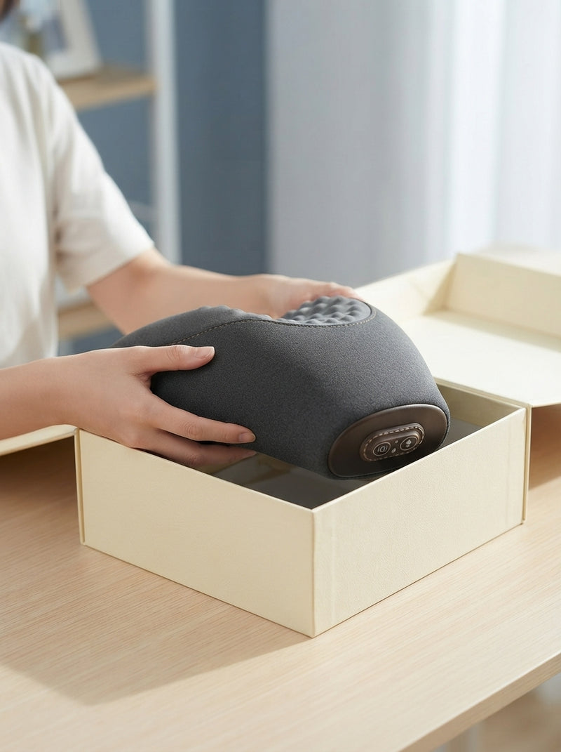 A person unboxing a sleek, modern neck support cushion on a wooden desk in natural light.